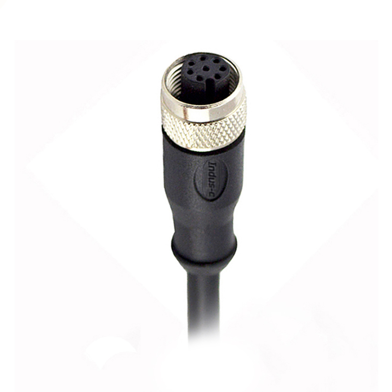 M12 8pins A code female straight molded cable,shielded,PVC,-10°C~+80°C,24AWG 0.25mm²,brass with nickel plated screw